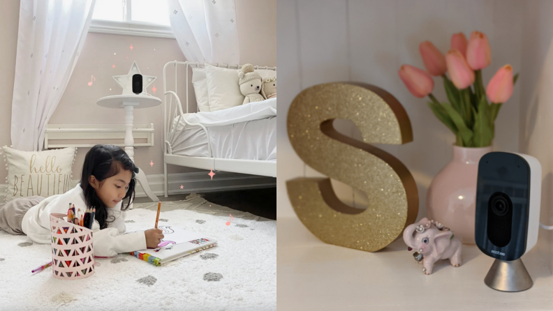 On left, young girl using colored pencils to color on bedroom floor with the Ecobee smart camera in the corner. On right, product shot of gray and black Ecobee SmartCamera on shelf next to flowers and gold decorative letter "E."